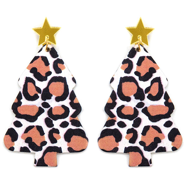 Wood Leopard Christmas Tree Earrings