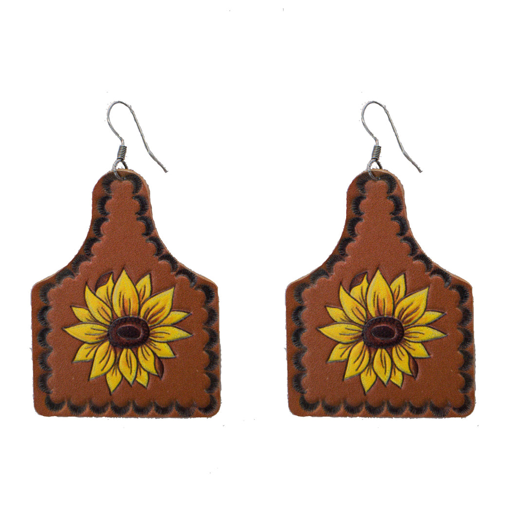 Sunflower Leather Cowtag Earrings