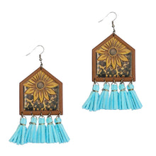 Load image into Gallery viewer, Sunflower and Leopard Leather with Blue Tassels Earrings
