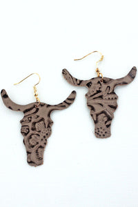 Taupe Faux Leather Steer Skull Earrings 22
