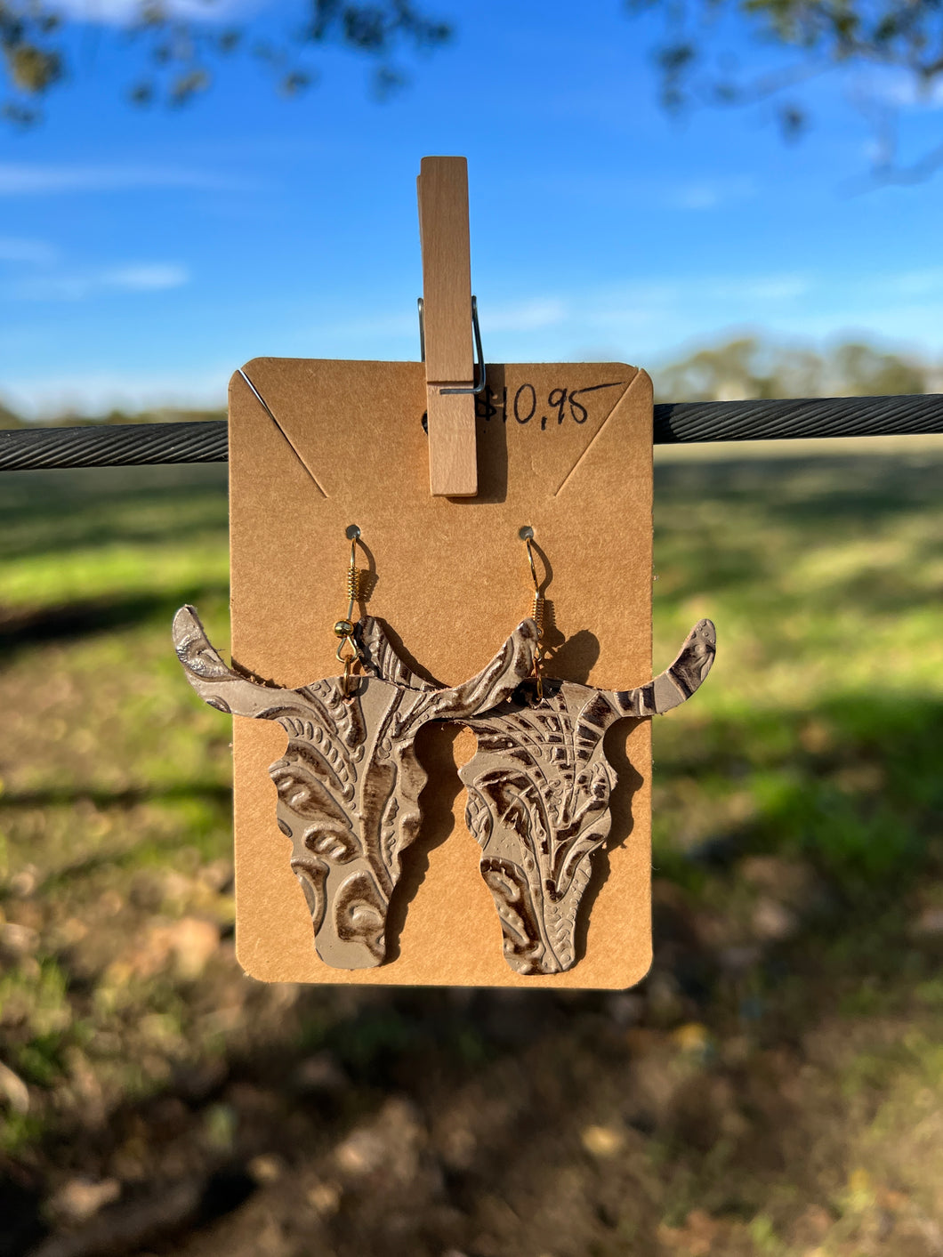 Taupe Faux Leather Steer Skull Earrings 22