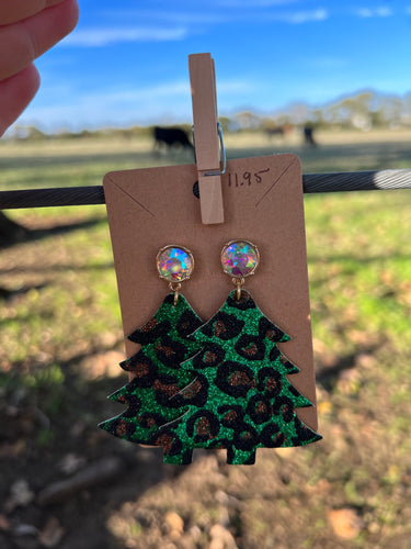 Green Glittery Leopard Tree Earrings