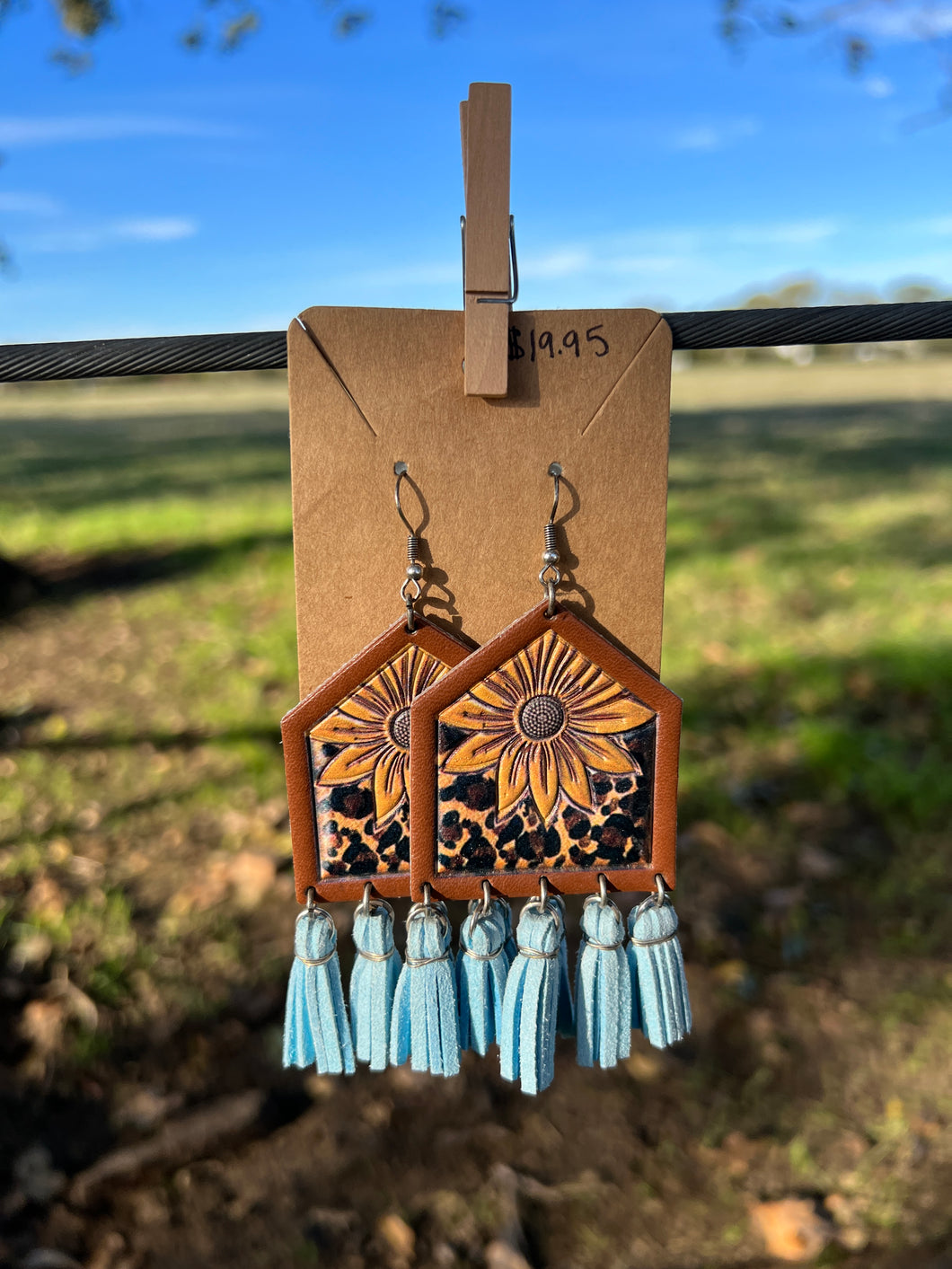 Sunflower and Leopard Leather with Blue Tassels Earrings