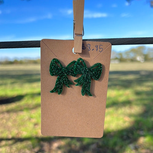 Green Glitter Bow Earrings 271