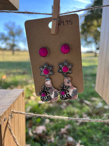 Three Pack of Pink Stone Stud Earrings